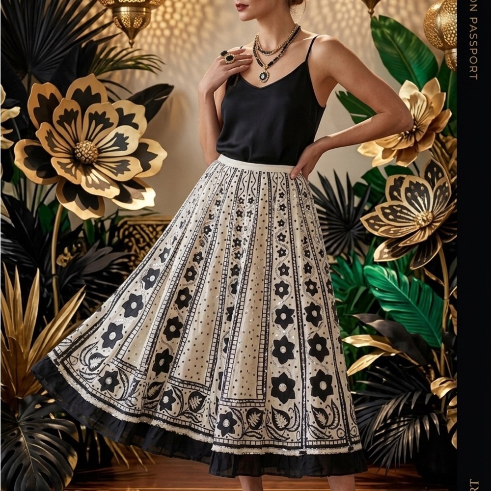 Passport Boho Floral Sequin Embellished Midi Skirt Black Cream Size L